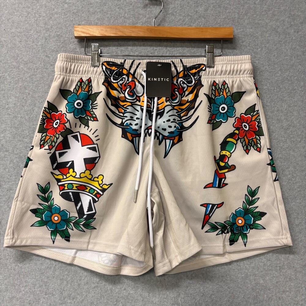 Kinetic Americano Fundamental Mesh Shorts Tattoo Print Drawstring Large NWT